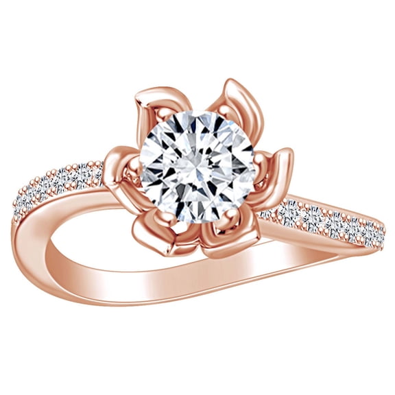 AFFY 1.02 Carat(Cttw) Round Moissanite & Natural Diamond Floral Promise Engagement Ring 14K Solid Rose Gold Ring Size-6.5