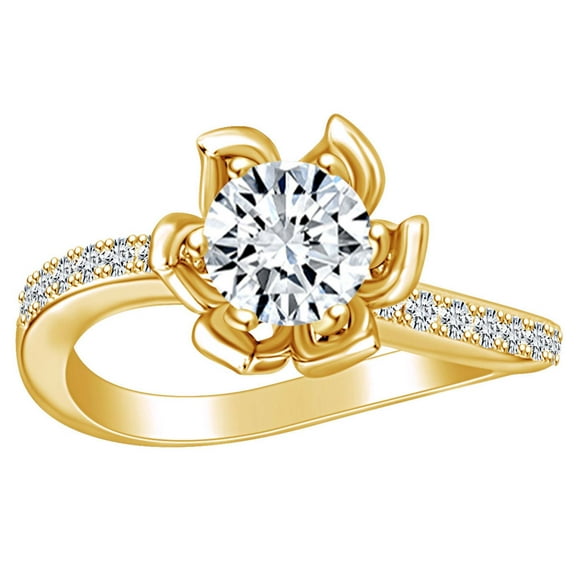 AFFY 1.02 Carat(Cttw) Round Moissanite & Natural Diamond Floral Promise Engagement Ring 14K Solid Yellow Gold Ring Size-5