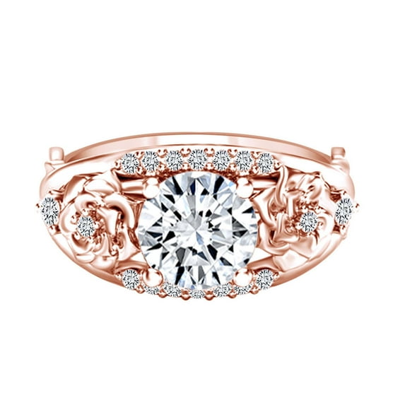AFFY 1.02 Carat(Cttw) Round Moissanite & Natural Diamond Rose Flower Wedding Ring 14K Solid Rose Gold Ring Size-5