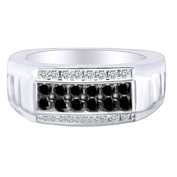 AFFY 1.03 Carat Round Black & White Natural Diamond Men's Anniversary Ring 14K White Gold Over Sterling Silver Ring Size-9