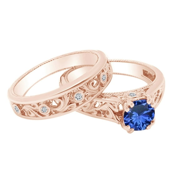 AFFY 1.03 Carat Round Simulated Blue Sapphire & Natural Diamond Filigree Engagement Ring 14K Solid Rose Gold Ring Size-9