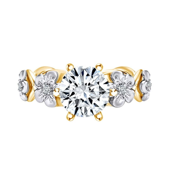 AFFY 1.04 Carat(Cttw) Round Moissanite & Natural Diamond Twisted Floral Engagement Ring 14K Solid Yellow Gold Ring Size-5