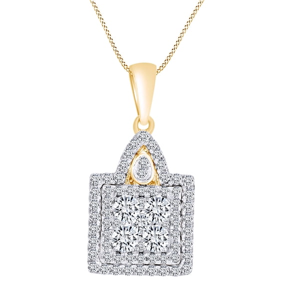 AFFY 1.04 Carat (Cttw) Round Shape White Natural Diamond Square Pendant Necklace 14K Solid Yellow Gold