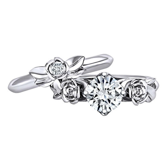 AFFY 1.04 Carat Round Shape Moissanite & Natural Diamond Rose Flower Engagement Ring 14K Solid White Gold Ring Size-8.5