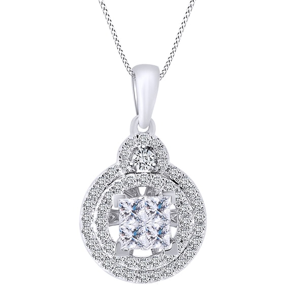 AFFY 1.05 Carat (Cttw) Princess & Round Shape White Natural Diamond Circle Pendant Necklace 14K Solid White Gold
