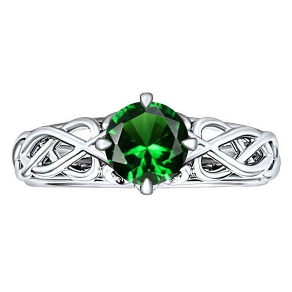 AFFY 1.05 Carat Round Shape Simulated Emerald & Natural Diamond Engagement Ring 14K Solid White Gold Ring Size-7.5