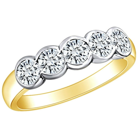AFFY 1.05 Carat Round Shape White Natural Diamond Five Stone Eternity Wedding Band Ring In 14k Solid Yellow Gold Ring Size-6