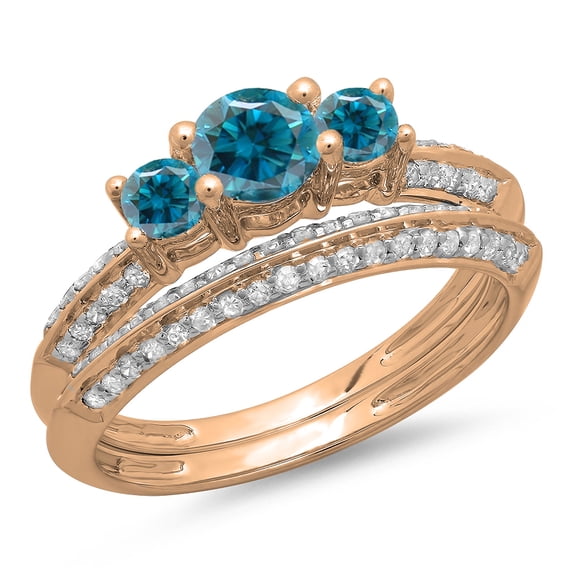 1.05 Carat (ctw) 10K Rose Gold Round Cut Blue & White Diamond Ladies 3 Stone Bridal Engagement Ring With Matching Band S