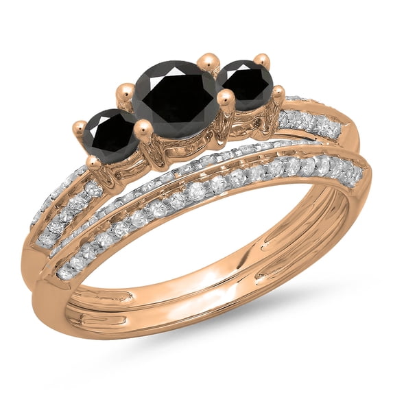 1.05 Carat (ctw) 14K Rose Gold Round Cut Black & White Diamond Ladies 3 Stone Bridal Engagement Ring With Matching Band