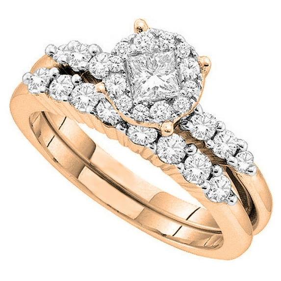 1.05 Carat (ctw) 14K Rose Gold Round & Princess Cut White Diamond Soliel Style Engagement Ring Set 1 CT