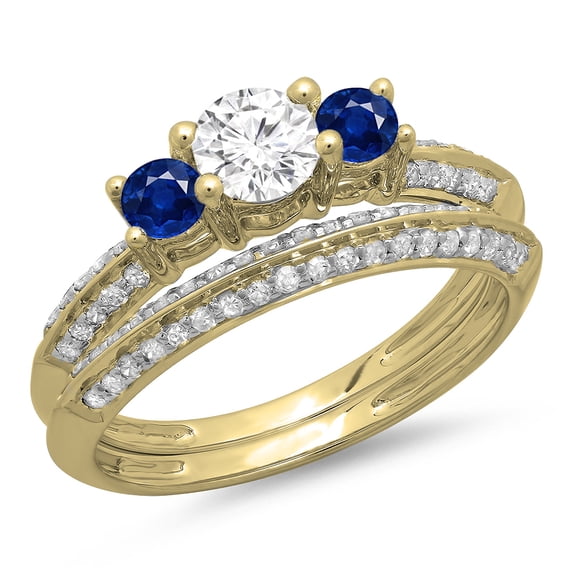 1.05 Carat (ctw) 18K Yellow Gold Round Cut Blue Sapphire & White Diamond Ladies 3 Stone Bridal Engagement Ring With Matc