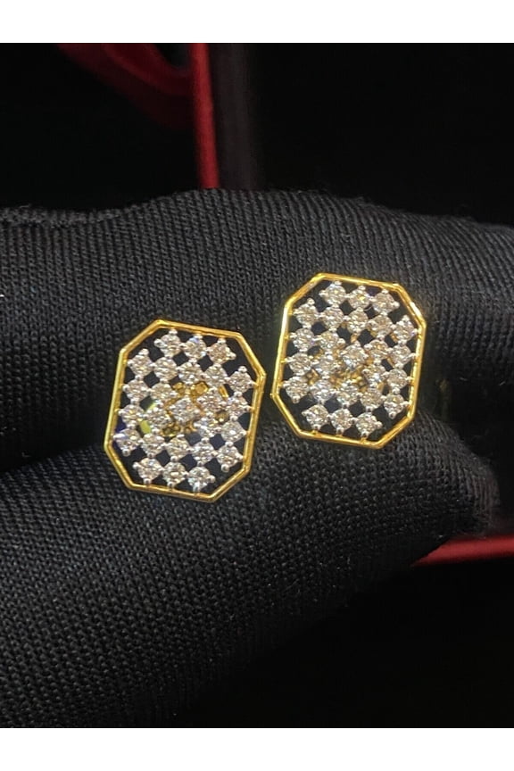 1.05 Carats Round Brilliant Cut Natural Diamonds Octagon Stud Earrings In Hallmark 14K Yellow Gold