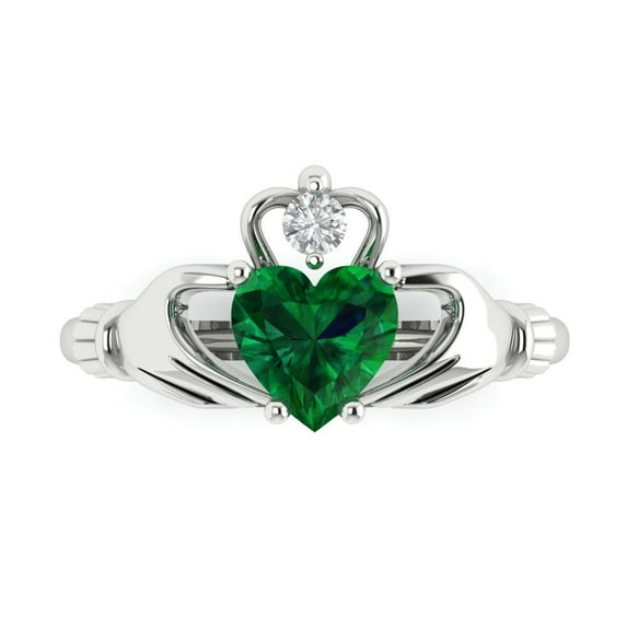 Claddagh Engagement Ring for Women - 1.05ct Simulated Emerald in 14K White Gold Promise Ring