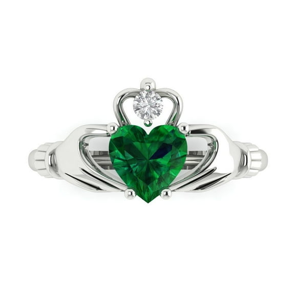 Claddagh Engagement Ring for Women - 1.05ct Simulated Emerald in 14K White Gold Promise Ring