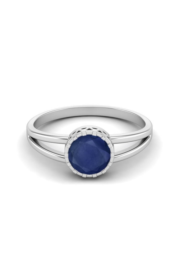 1.05 Cts Round Bezel Set Blue Sapphire 925 Sterling Silver Split Shank Women Mother's Day Gift Rings