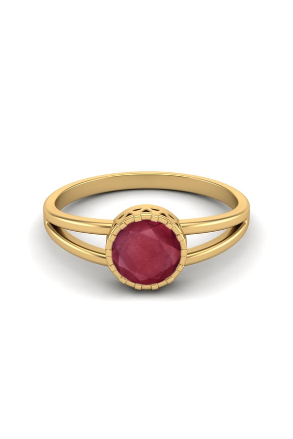 1.05 Cts Round Shape Bezel Set Ruby Glass Filled Solitaire 925 Sterling Silver Gold Vermeil Split Shank Valentines Day Gifts Rings