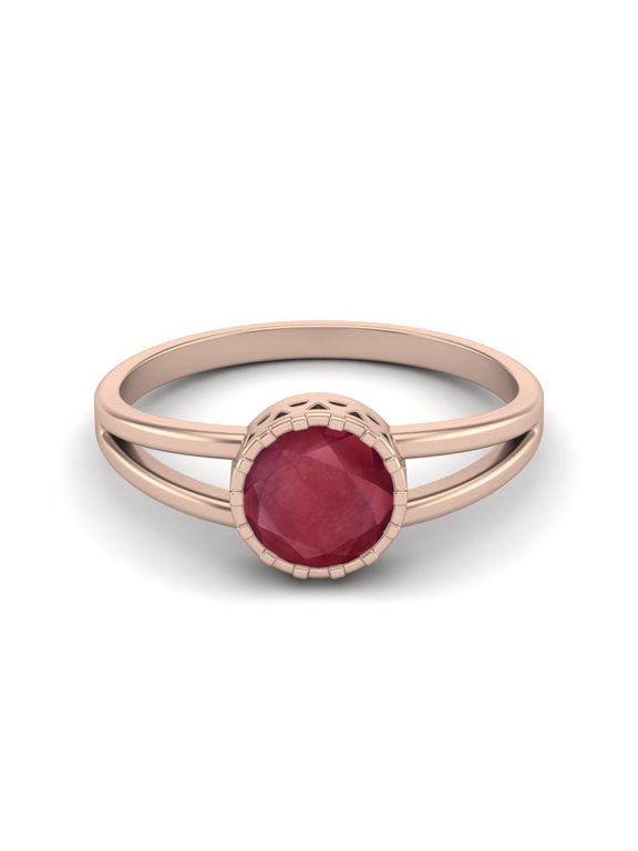 1.05 Cts Round Shape Bezel Set Ruby Glass Filled Solitaire 925 Sterling Silver Rose Vermeil Split Shank Valentines Day Gifts Rings