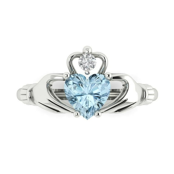 1.05 ct Heart Cut Natural Aquamarine Claddagh 18K White Gold Womens Engagement Ring