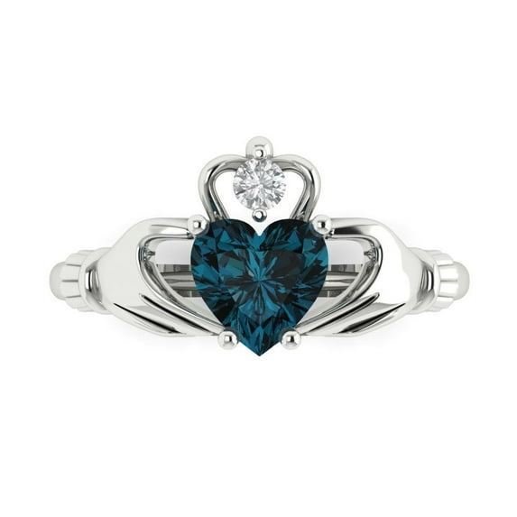 1.05 ct Heart Cut Natural London Blue Topaz Claddagh 14K White Gold Womens Engagement Ring