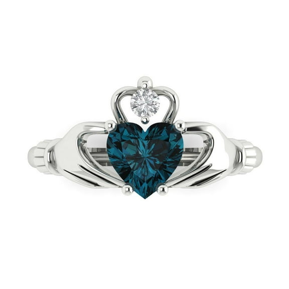 1.05 ct Heart Cut Natural London Blue Topaz Claddagh 14K White Gold Womens Engagement Ring