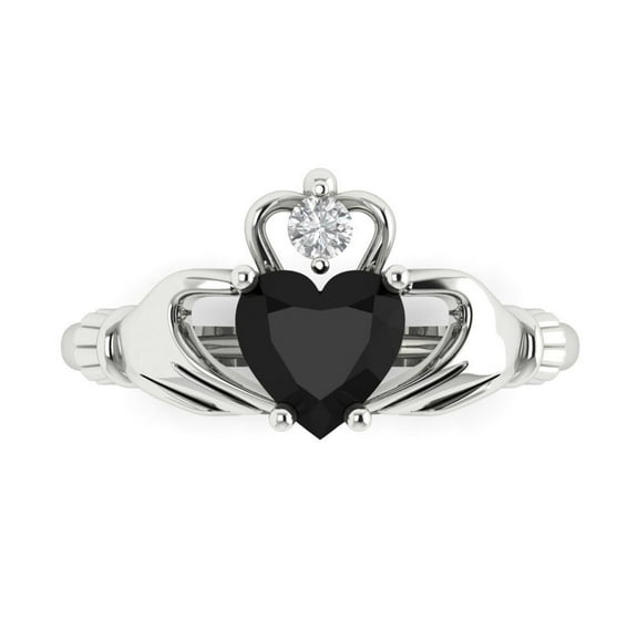 1.05 ct Heart Cut Natural Onyx Claddagh Engagement Ring for Women in 14K White Gold