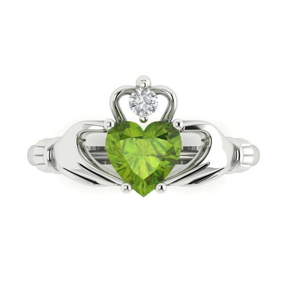 1.05 ctw Claddagh Anniversary Ring for Women | Heart Cut Natural Peridot | Hyperallergenic Solid 14K White Gold