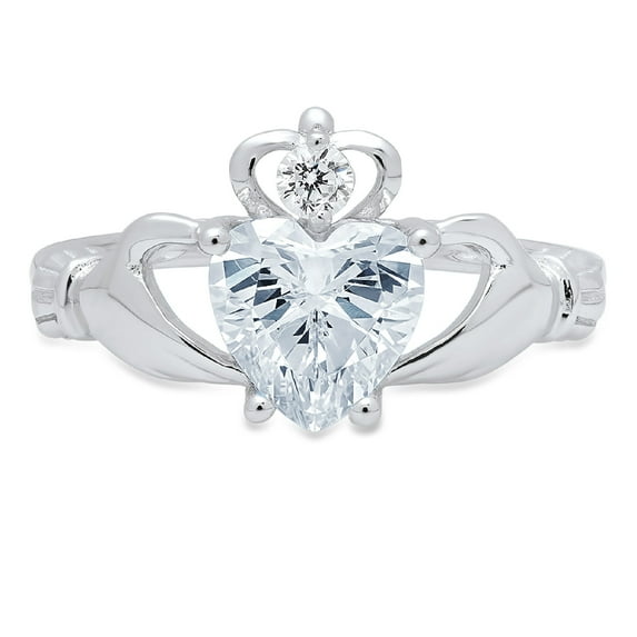 1.05 ct Heart Cut Simulated Blue Diamond Claddagh 18K White Gold Womens Engagement Ring