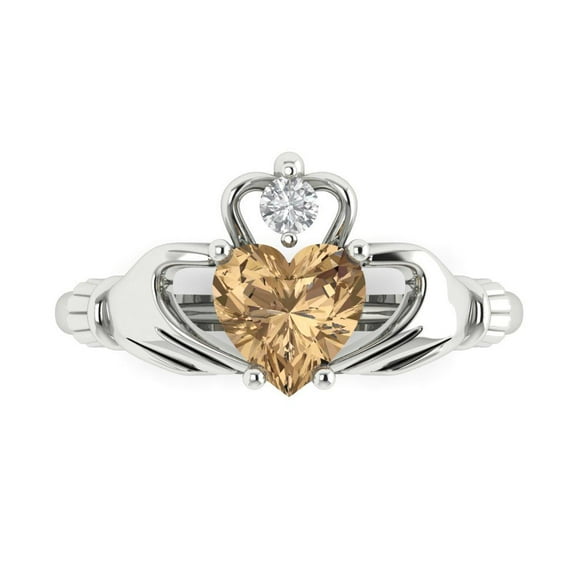 1.05 ct Heart Cut Simulated Champagne Diamond Claddagh 14K White Gold Womens Engagement Ring