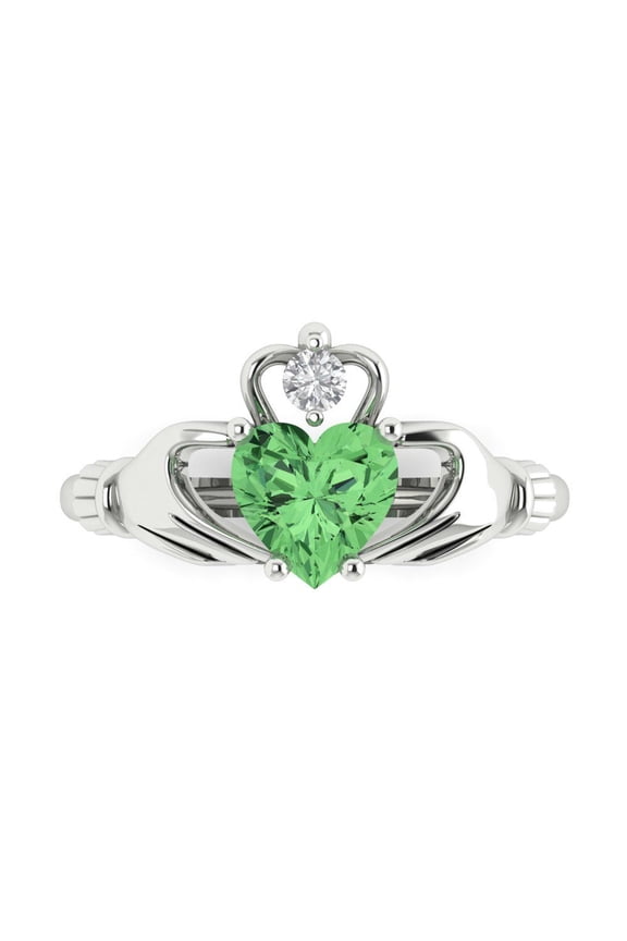 1.05 ct Heart Cut Simulated Green Diamond Claddagh Engagement Ring for Women in 14K White Gold