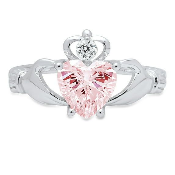1.05 ct Heart Cut Simulated Pink Diamond Claddagh 18K White Gold Womens Engagement Ring