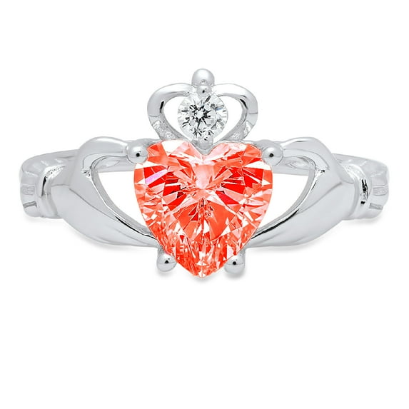 1.05 ct Heart Cut Simulated Red Diamond Claddagh 18K White Gold Womens Engagement Ring