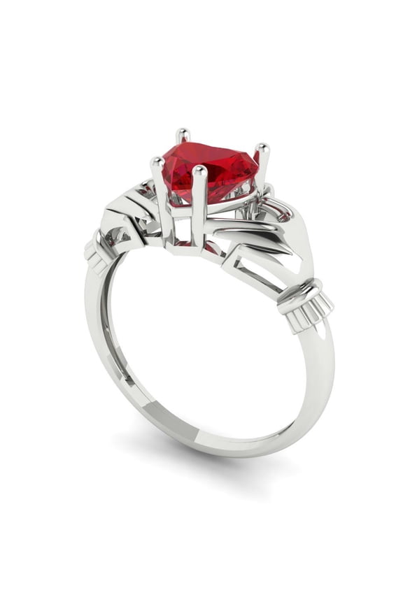 1.05 ct Heart Cut Simulated Ruby Claddagh Engagement Ring for Women in 18K White Gold