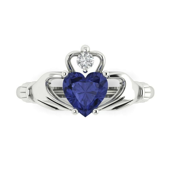 1.05 ctw Claddagh Anniversary Ring for Women | Heart Cut Simulated Tanzanite | Hyperallergenic Solid 18K White Gold