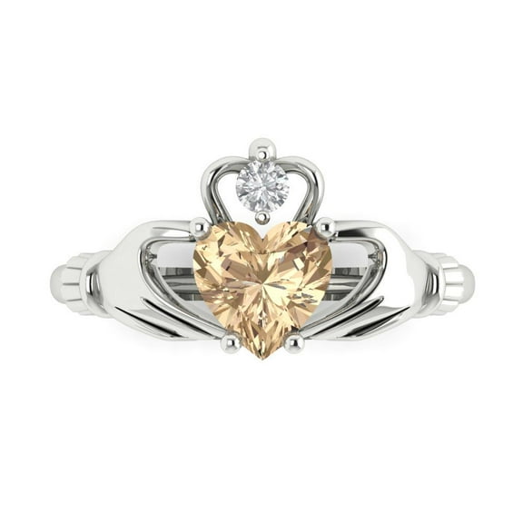 1.05 ctw Claddagh Anniversary Ring for Women | Heart Cut Yellow Moissanite | Hyperallergenic Solid 14K White Gold