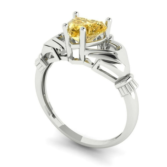 1.05 ct Heart Cut Yellow Moissanite Claddagh Engagement Ring for Women in 14K White Gold