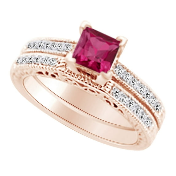AFFY (1.05 cttw) Simulated Pink Sapphire & White Natural Diamond Antique Engagement Wedding Ring Set In 14k Rose Gold With Ring Size 14