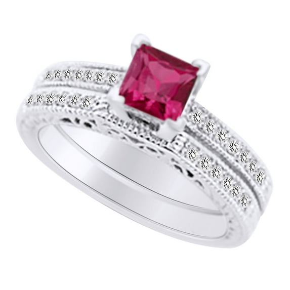 AFFY (1.05 cttw) Simulated Pink Sapphire & White Natural Diamond Antique Engagement Wedding Ring Set In 14k White Gold With Ring Size 13