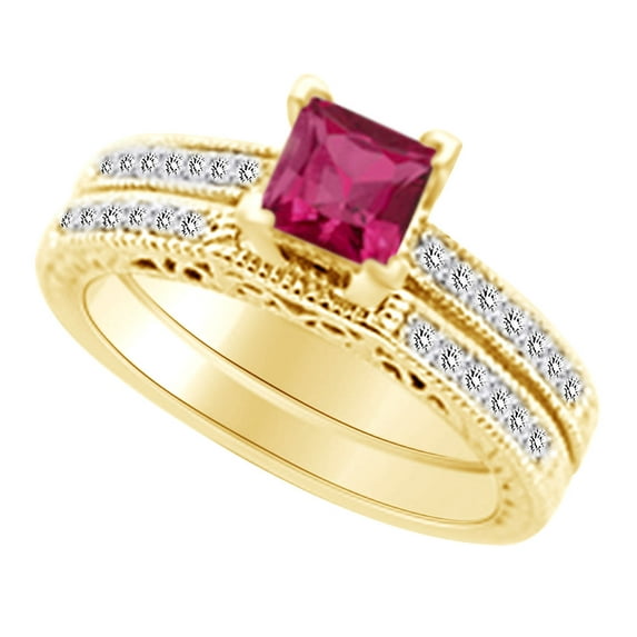 AFFY (1.05 cttw) Simulated Pink Sapphire & White Natural Diamond Antique Engagement Wedding Ring Set In 14k Yellow Gold With Ring Size 14