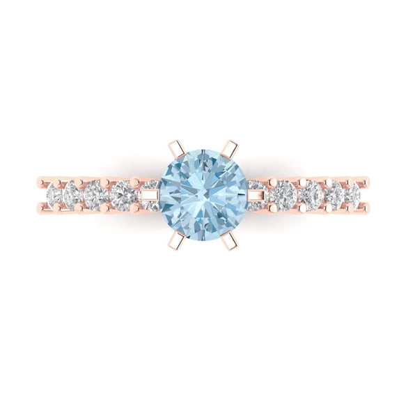 1.05ct Round Cut Blue Crystal 14k Pink Rose Gold Engraving Statement Bridal Wedding Designer Ring Size 8.5