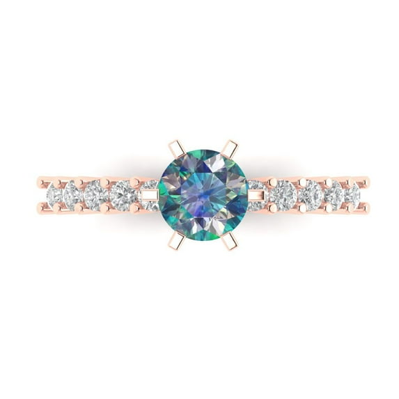 1.05ct Round Cut Blue Moissanite 14k Pink Rose Gold Engraving Statement Bridal Wedding Designer Ring Size 5