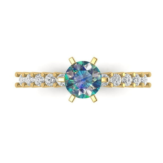 1.05ct Round Cut Blue Moissanite 14k Yellow Gold Engraving Statement Bridal Wedding Designer Ring Size 6