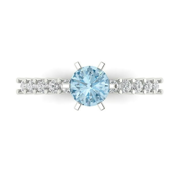 1.05ct Round Cut Blue Natural Aquamarine 18k White Gold Engraving Statement Bridal Wedding Designer Ring Size 11
