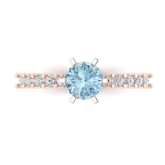 1.05ct Round Cut Blue Natural Swiss Blue Topaz 14k Pink Rose Gold Engraving Statement Bridal Wedding Designer Ring Size 10.5