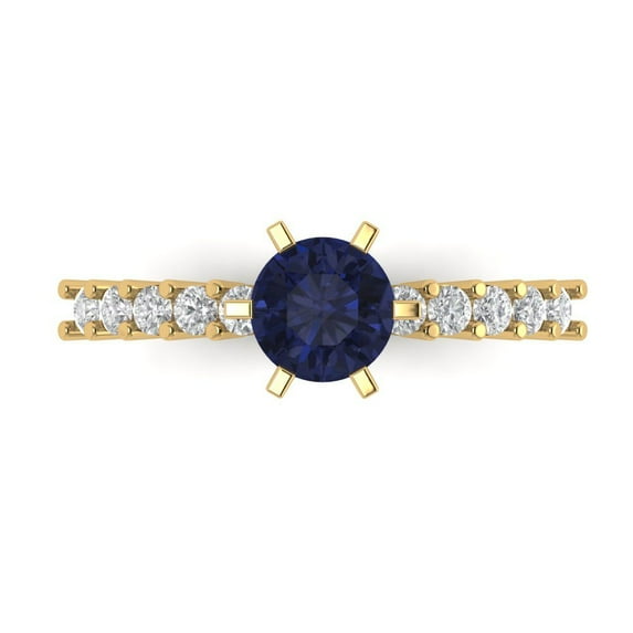 1.05ct Round Cut Blue Sapphire 14k Yellow Gold Engraving Statement Bridal Wedding Designer Ring Size 6.5