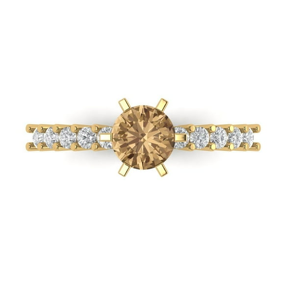 1.05ct Round Cut Brown Champagne Crystal 18k Yellow Gold Engraving Statement Bridal Wedding Designer Ring Size 7