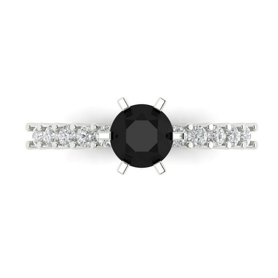 Clara Pucci 14K White Gold Solid Gold Onyx Solitaire with Accents Anniversary Ring for Women - 1.05 cttw Round Cut