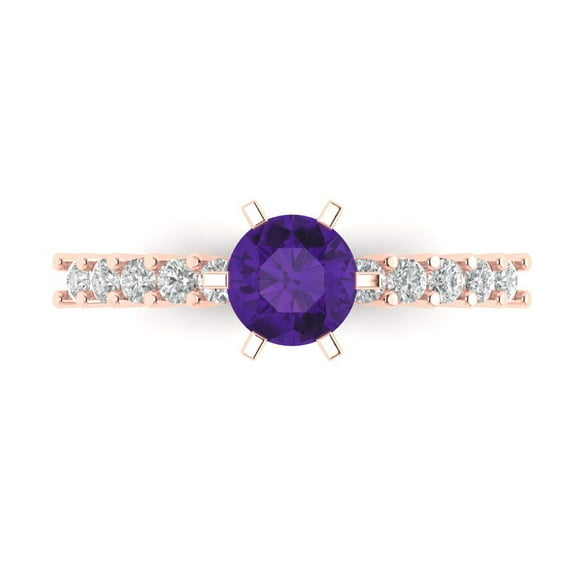 Clara Pucci 14K Rose Gold Solid Gold Amethyst Solitaire with Accents Anniversary Ring for Women - 1.05 cttw Round Cut