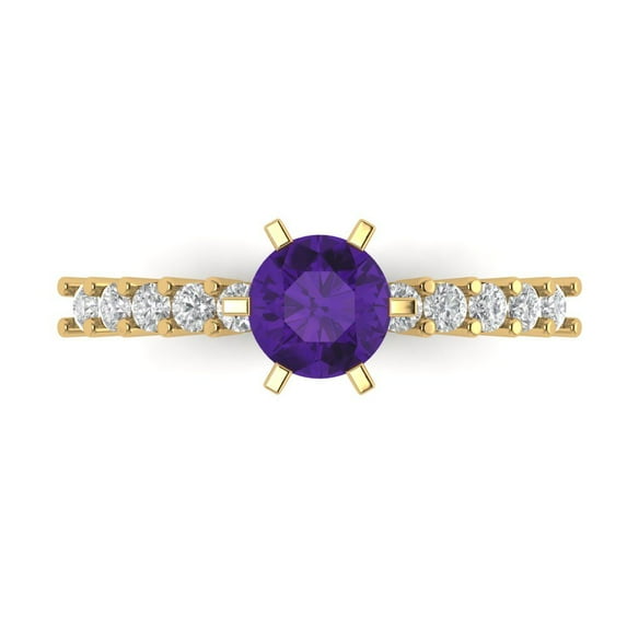 Clara Pucci 14K Yellow Gold Solid Gold Amethyst Solitaire with Accents Anniversary Ring for Women - 1.05 cttw Round Cut