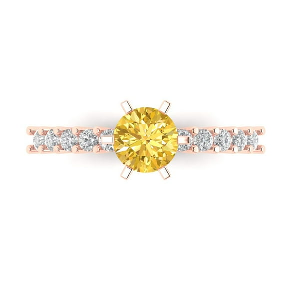 Clara Pucci 14K Rose Gold Solid Gold Citrine Solitaire with Accents Anniversary Ring for Women - 1.05 cttw Round Cut