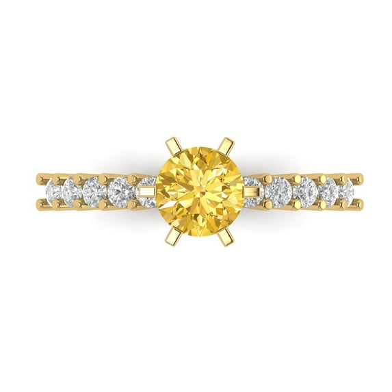 Clara Pucci 14K Yellow Gold Solid Gold Citrine Solitaire with Accents Anniversary Ring for Women - 1.05 cttw Round Cut